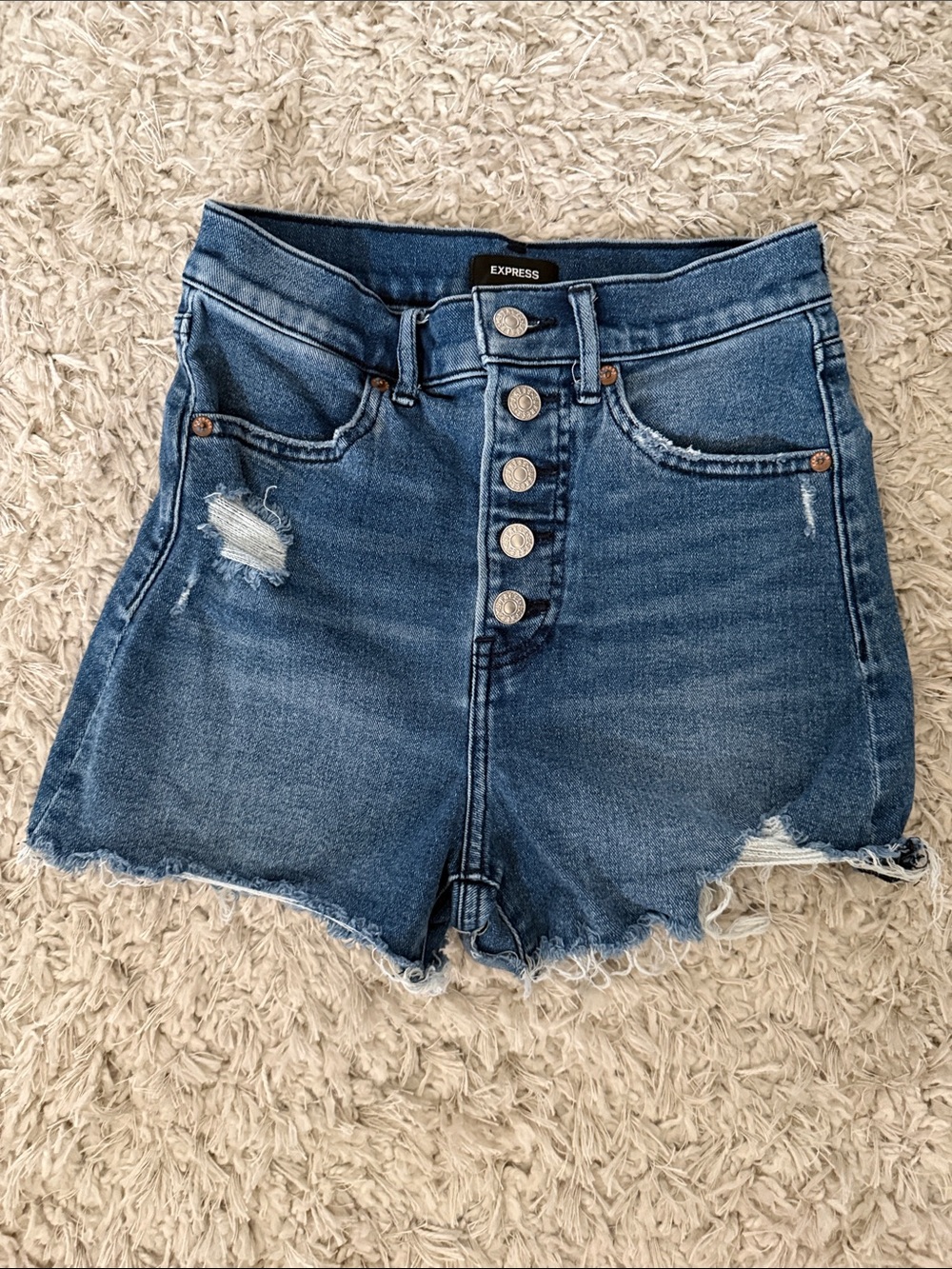 Express High-Rise Distressed Denim Shorts - Blue